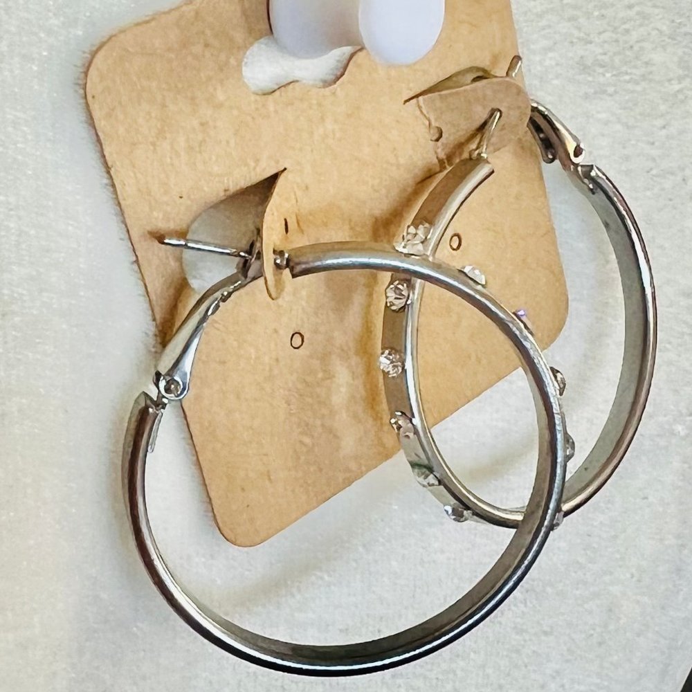 Argentine Stainless Steel & Sparkling Rhinestone Clasp Post Large Hoop Earrings - Picture 6 of 7